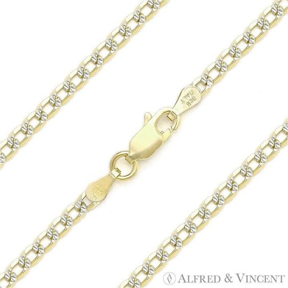 2.7mm Curb D-Cut Pave Link Necklace in .925 Sterling Silver w/ 14k Y-Gold 28" - Picture 1 of 1